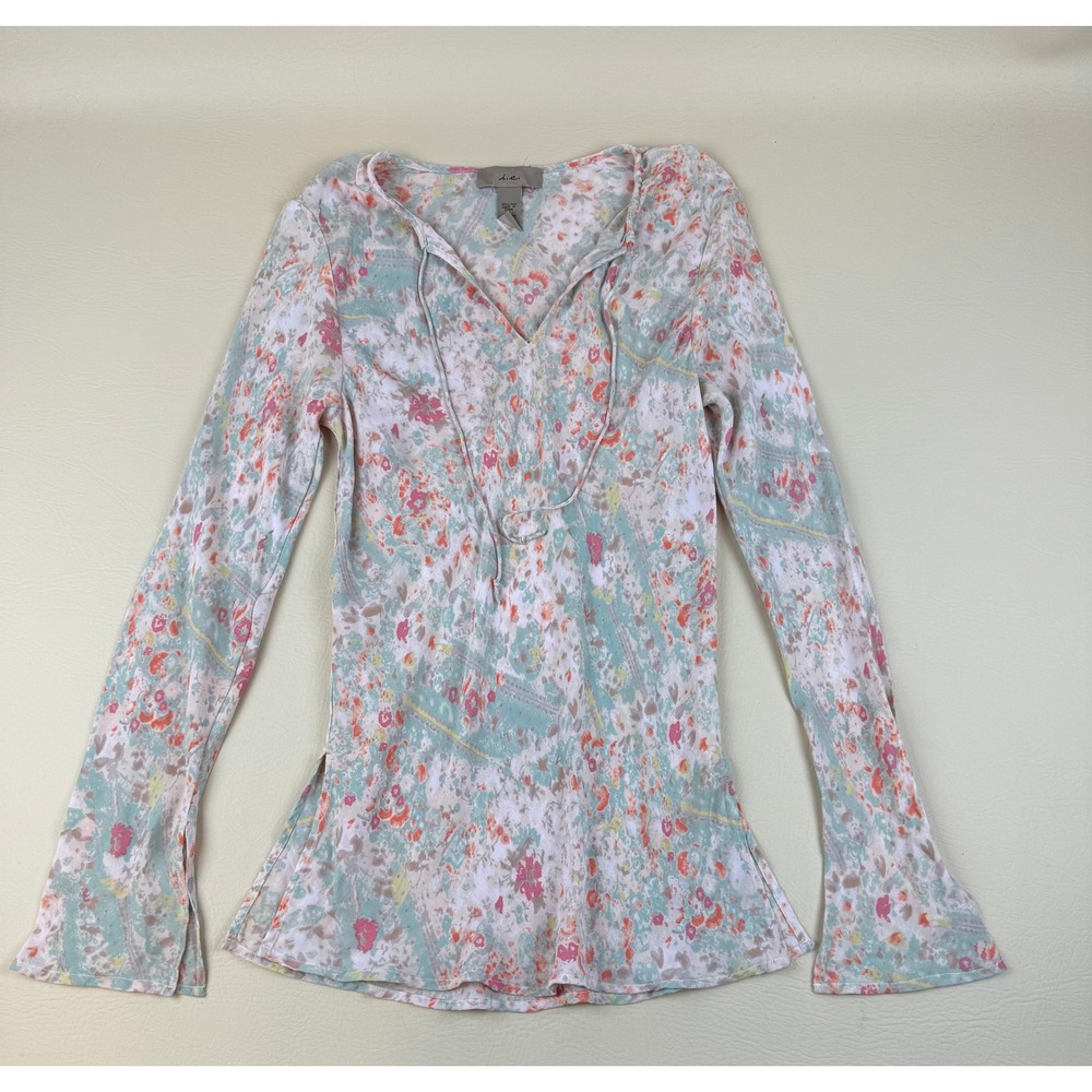 i.e. Size 4 Silk Blouse Boho Floral Watercolor Tie Neck Long Sleeve Top